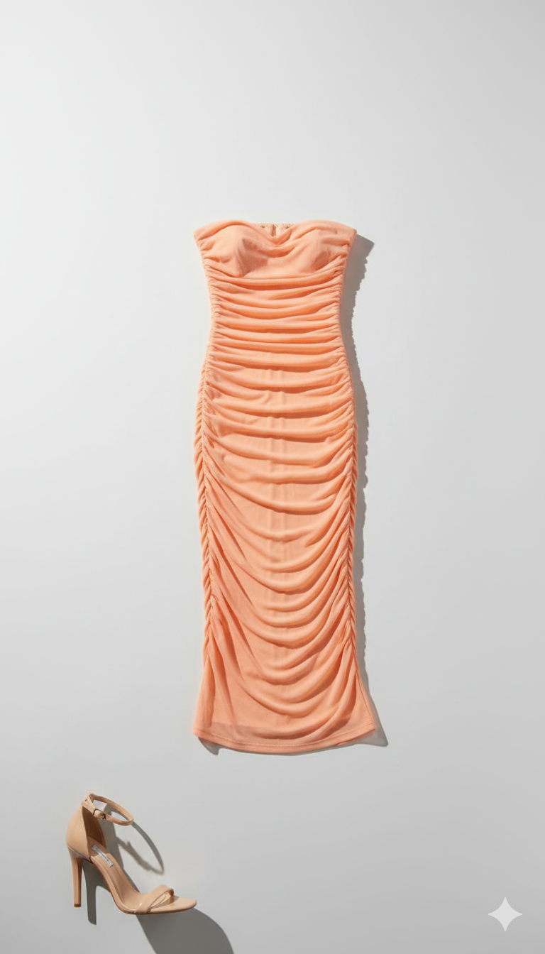 Vestido midi color melocotón con drapeado integral.