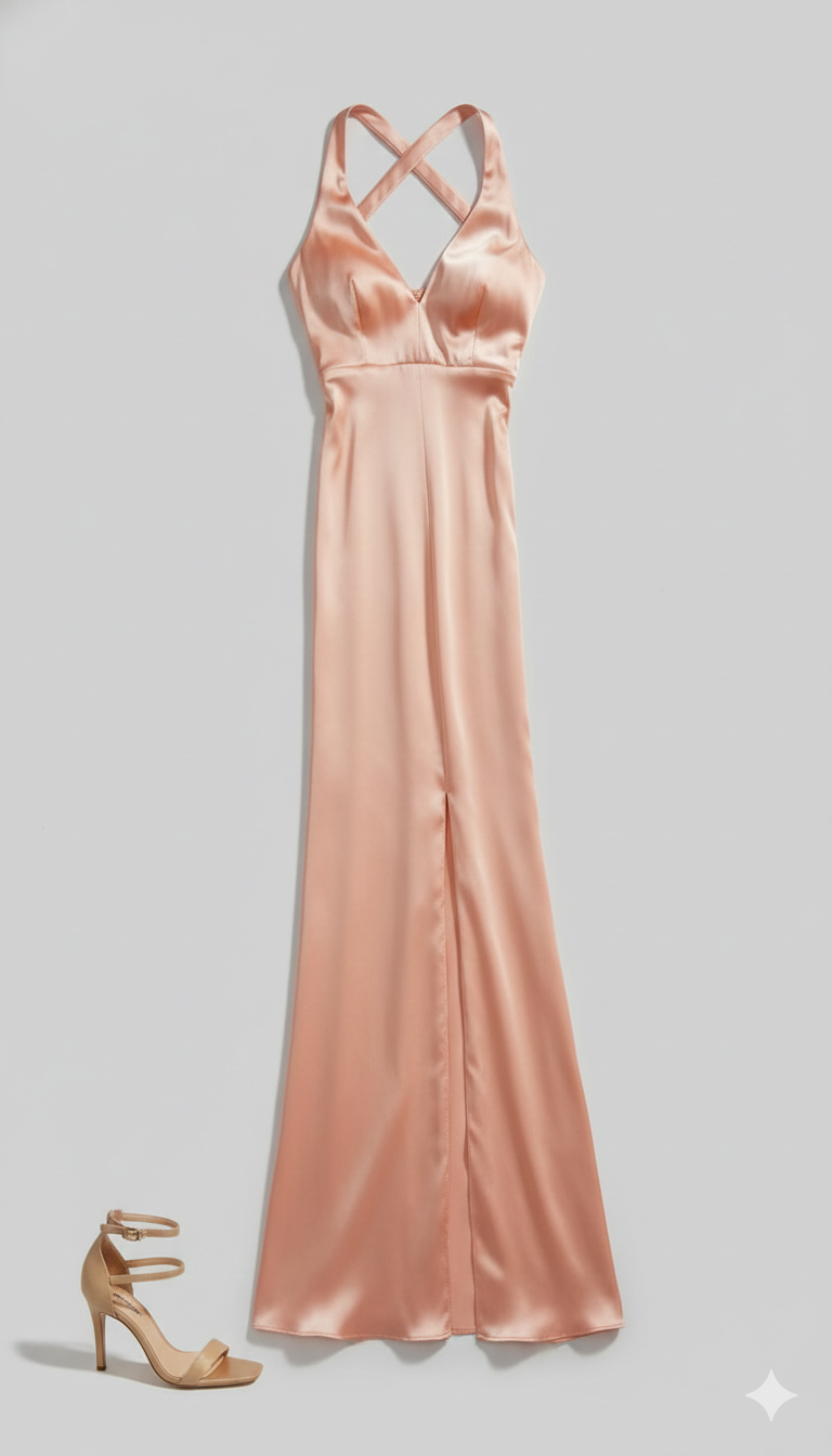 Vestido largo satinado en tono oro rosa con espalda cruzada y abertura frontal.