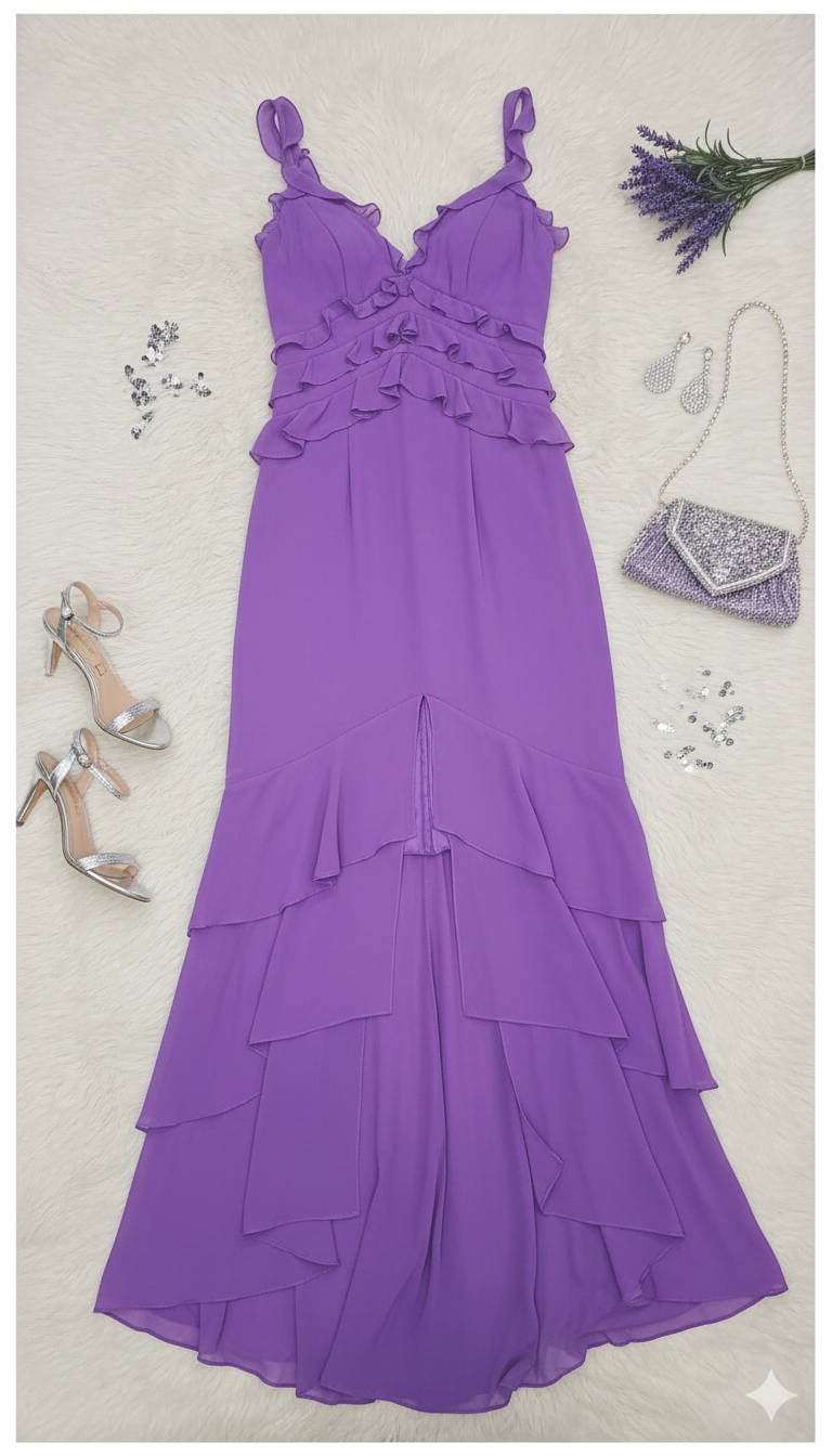 Vestido maxi violeta con diseño de volantes y escote en V.