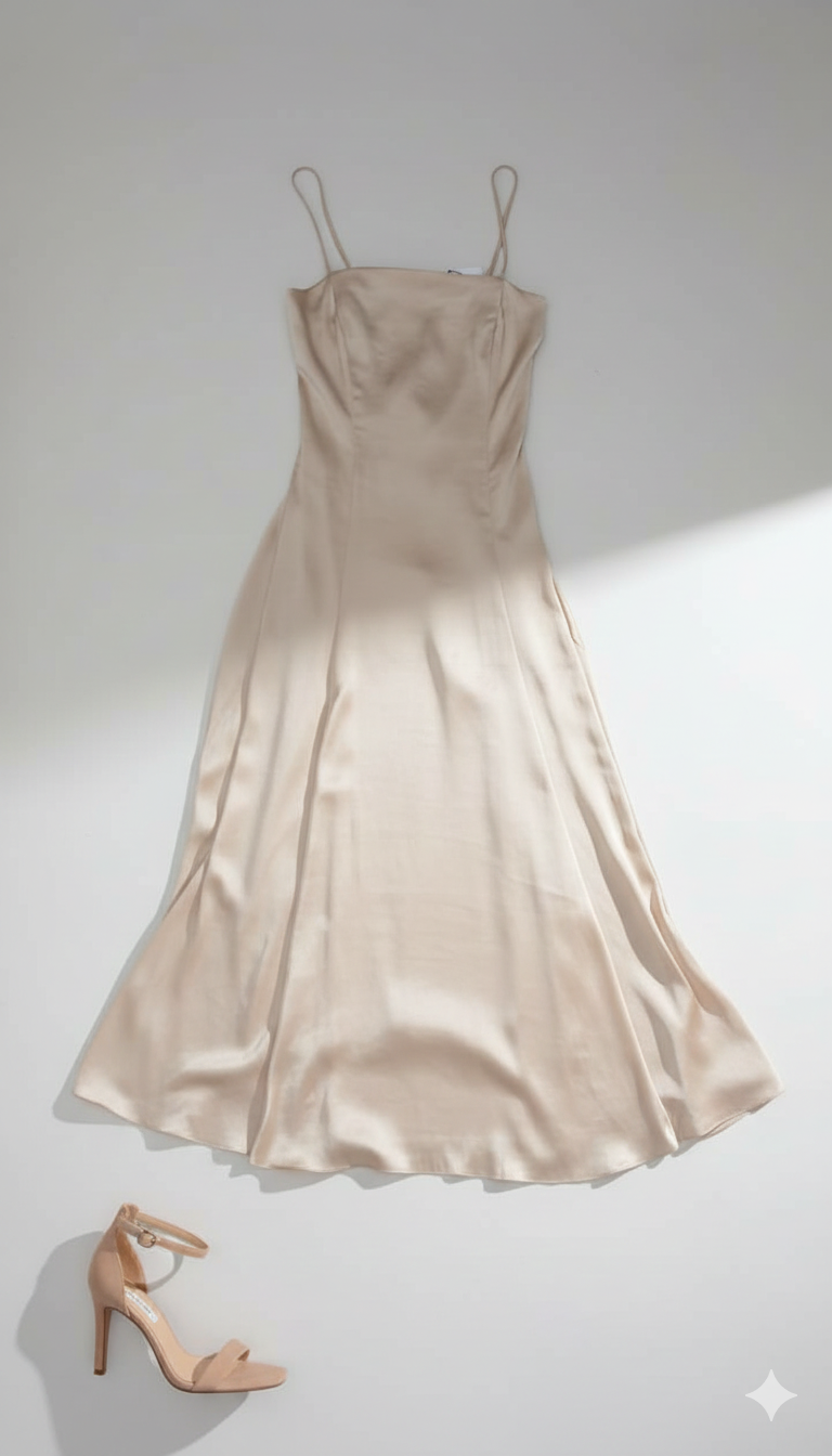 Vestido satinado en tono champagne.