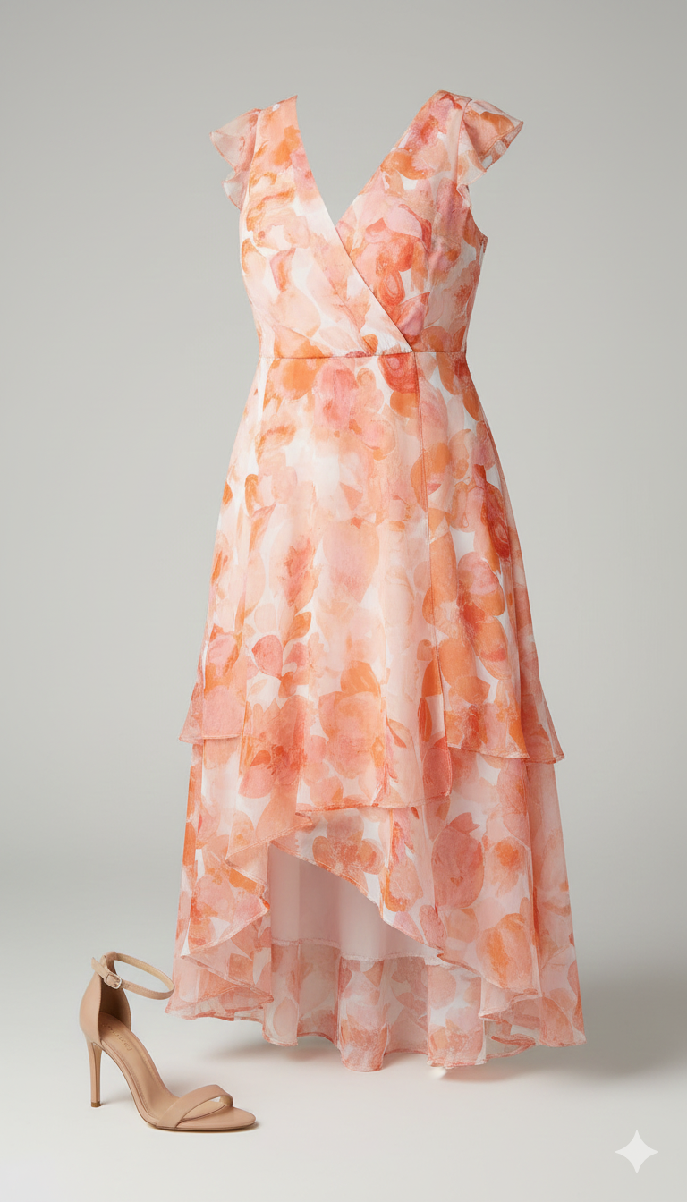 Vestido maxi floral en tonos melocotón y coral con falda de capas.