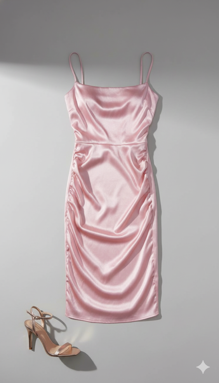 Vestido midi satinado en rosa suave con detalles fruncidos laterales.
