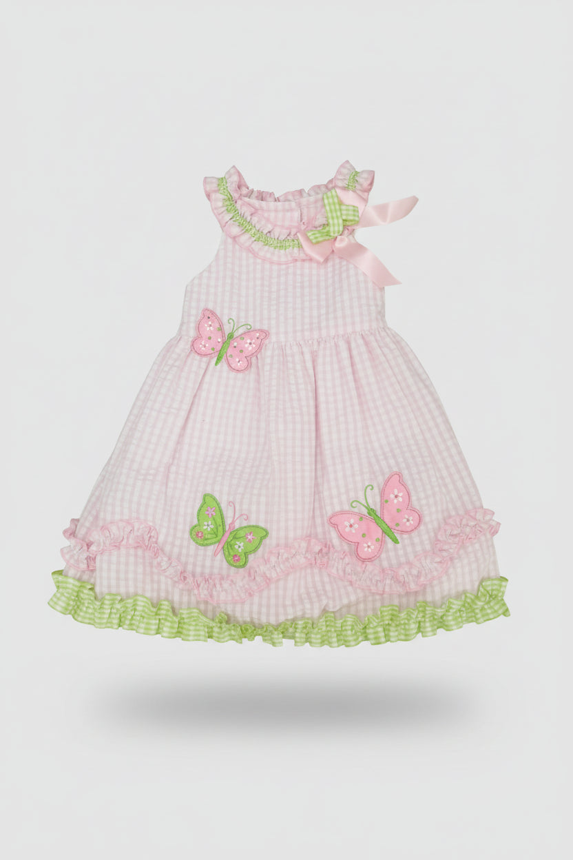 Vestido de Verano Gingham – Mariposas y Volantes en Rosa y Verde