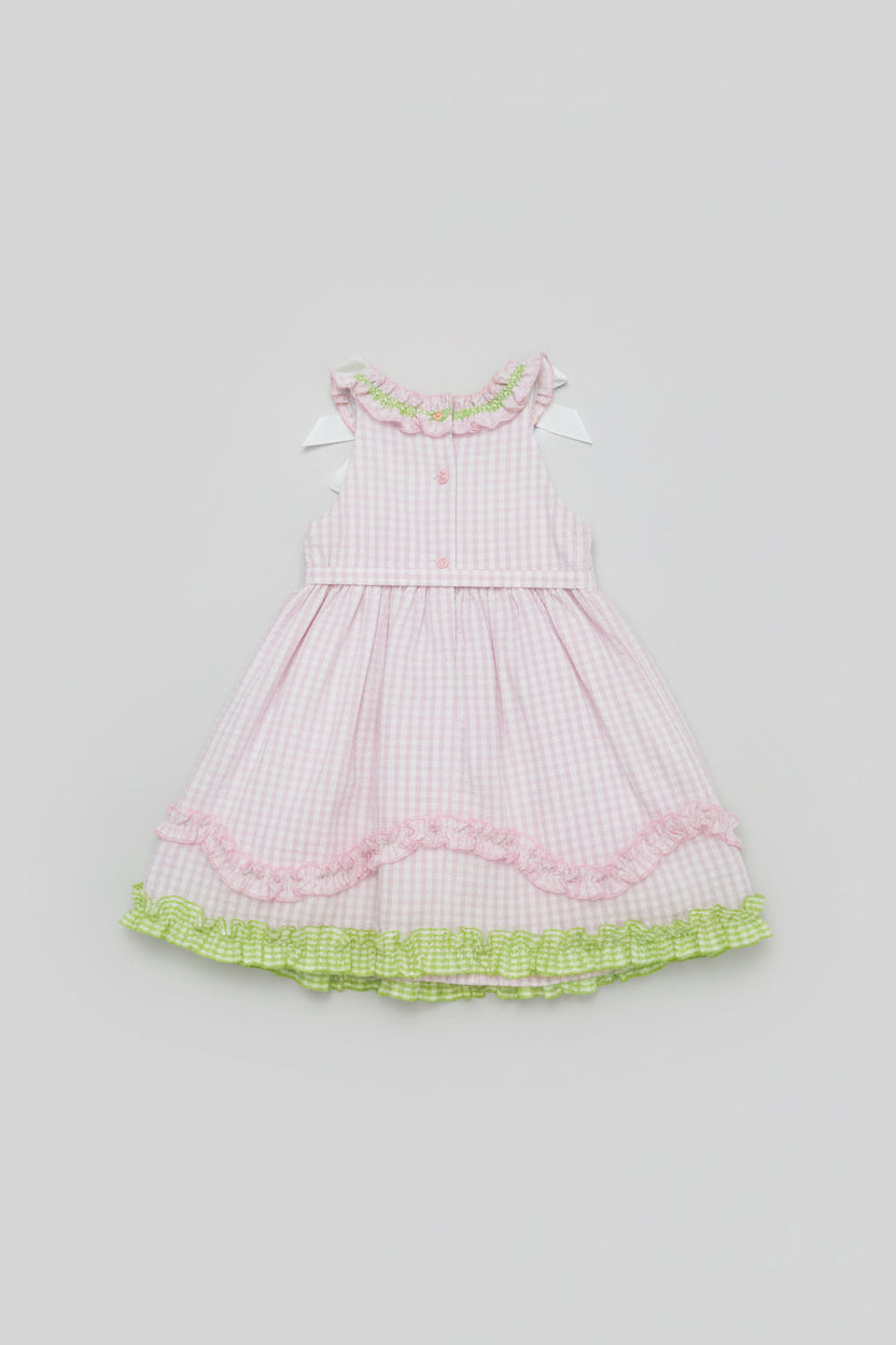 Vestido de Verano Gingham – Mariposas y Volantes en Rosa y Verde