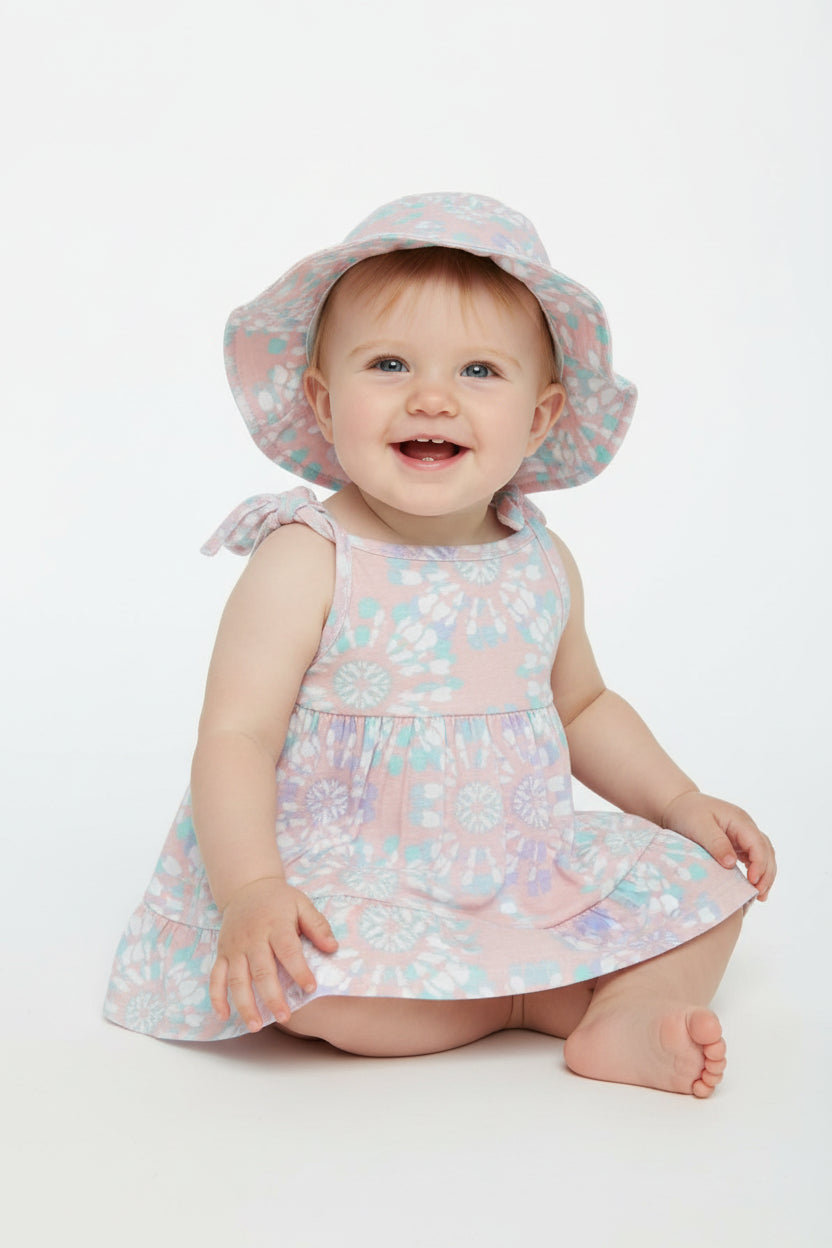 Set de Vestido y Sombrero Playero – Estilo Floral en Rosa y Turquesa