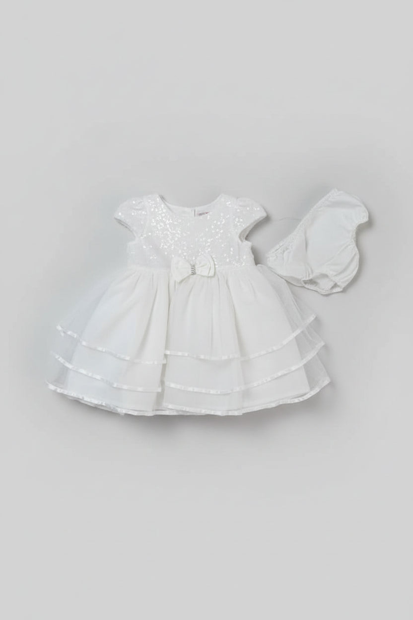 Vestido de Gala para Bebé – Blanco Nieve con Detalles de Lentejuelas