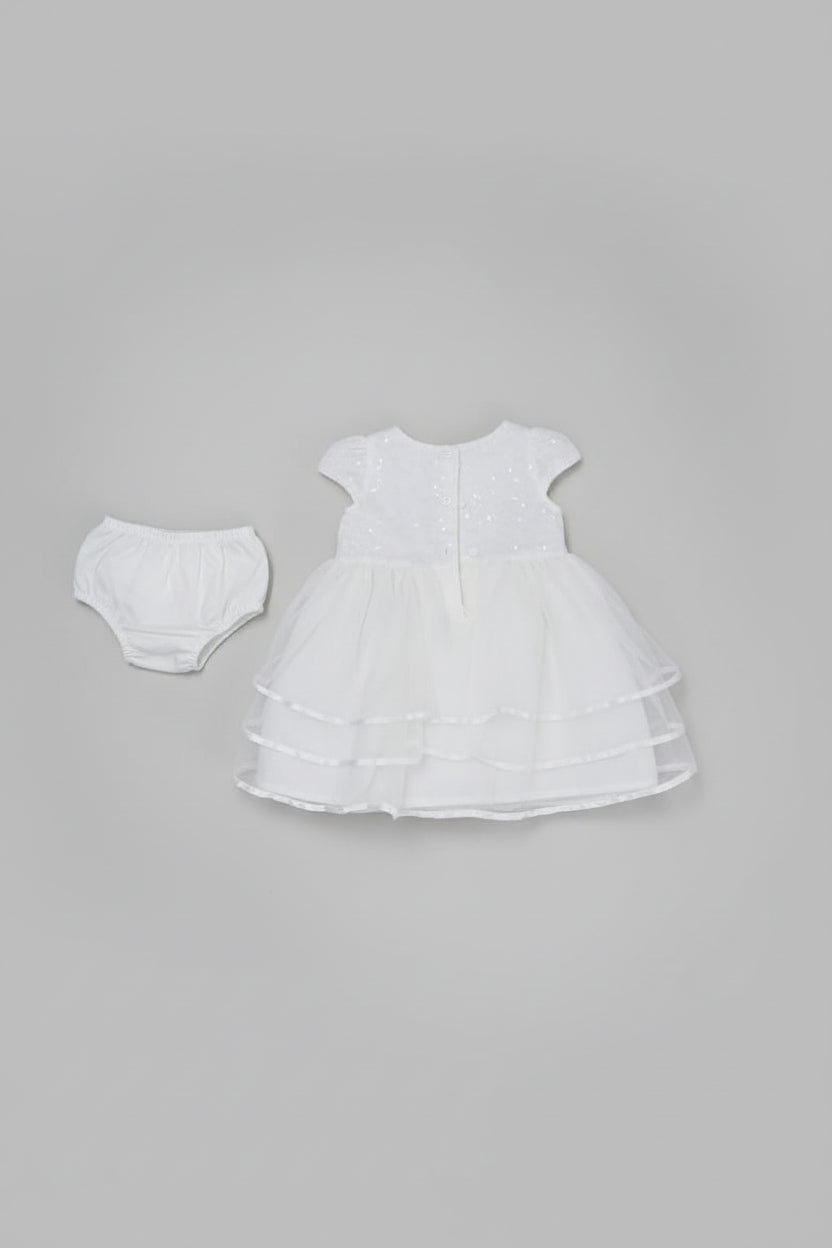 Vestido de Gala para Bebé – Blanco Nieve con Detalles de Lentejuelas