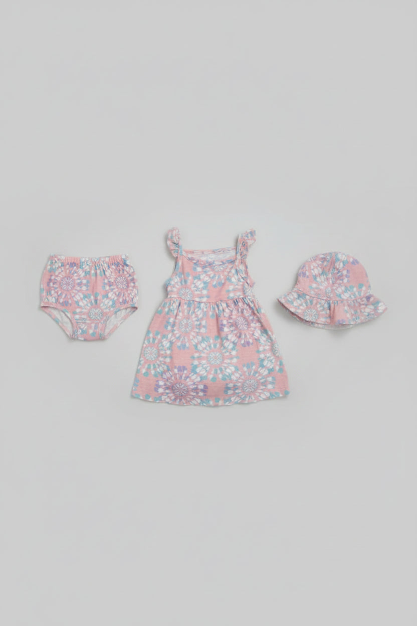 Set de Vestido y Sombrero Playero – Estilo Floral en Rosa y Turquesa