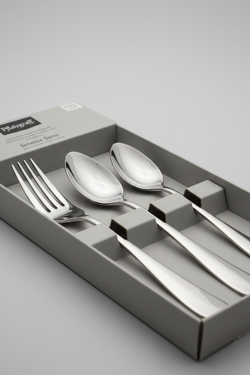 Close-up de cubiertos Pfaltzgraff Solstice Satin dentro del empaque, enfoque en el brillo y textura del acero inoxidable, profundidad de campo baja, iluminación suave tipo estudio, fondo neutro, estilo fotografía publicitaria premium, sensación de durabilidad y elegancia. fotografía comercial de producto, fondo infinito gris claro, iluminación neutra tamaño de la imagen 768 × 1344