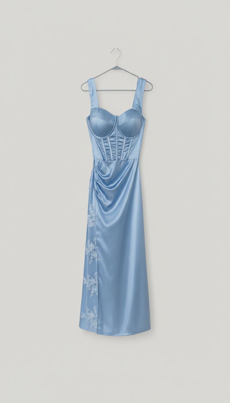 Vestido Satinado Azul – “Elegancia Celestial”