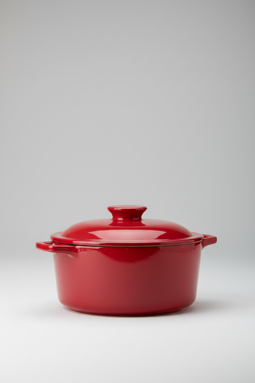 Olla individual de cerámica roja con tapa, ángulo 3/4 ligeramente elevado, iluminación lateral para resaltar el esmalte brillante, fondo neutro claro, fotografía comercial de alta gama, sensación de calidad y durabilidad, ultra realista, fotografía comercial de producto, fondo infinito gris claro, iluminación neutra tamaño de la imagen 768 × 1344